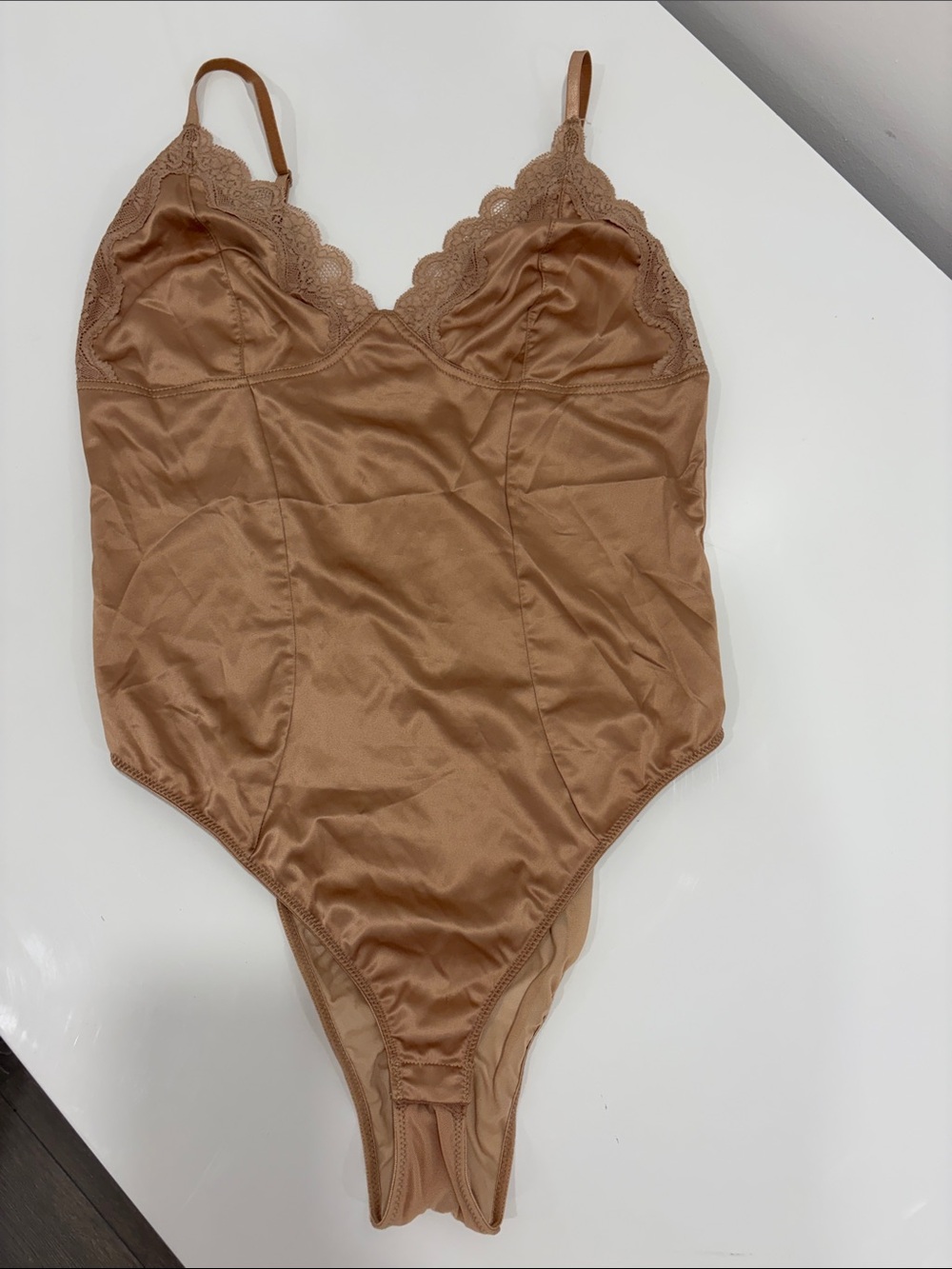 Mendocino Satin Lace-Trim Bodysuit in Tan